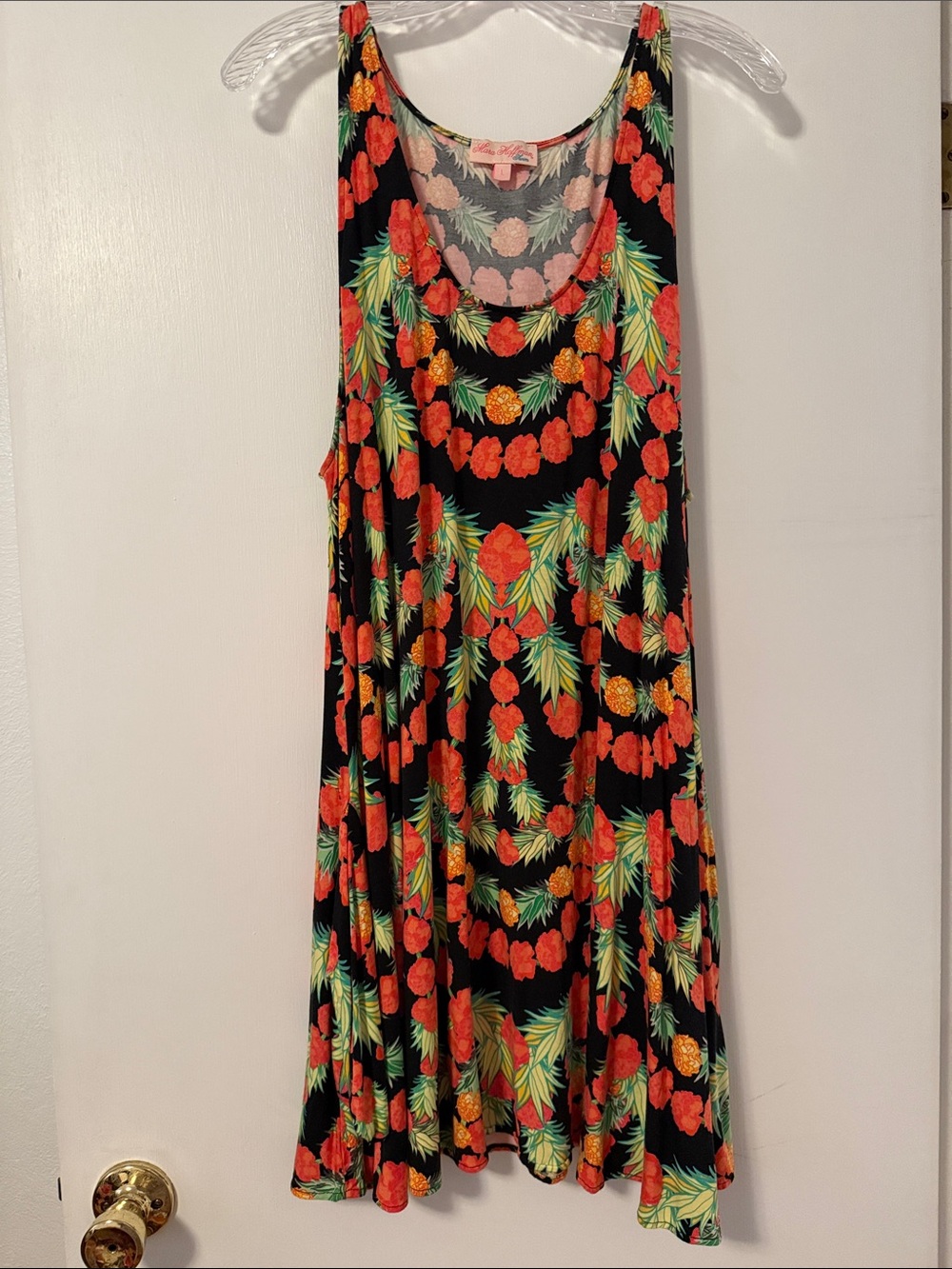 Mara Hoffman Swim Black Floral Scoop Neck Dress Tunic Neon Orange Pineapple L